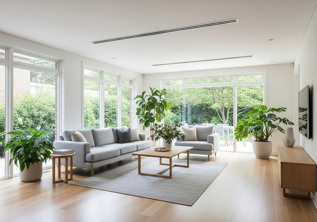 Modern Sydney living room with ducted air conditioning ceiling vents and natural light