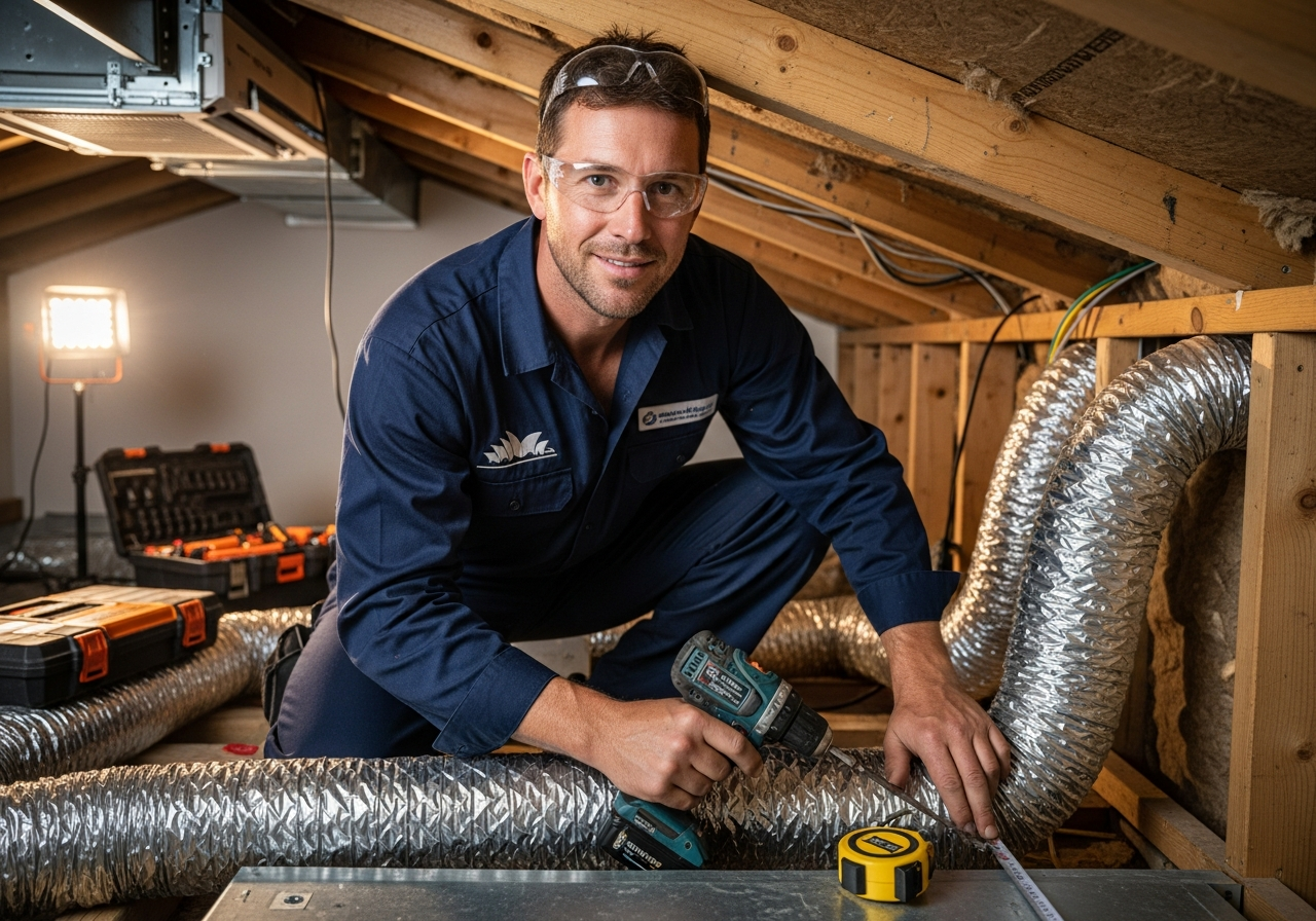 Professional licensed air conditioning technician installing ducted system in Sydney