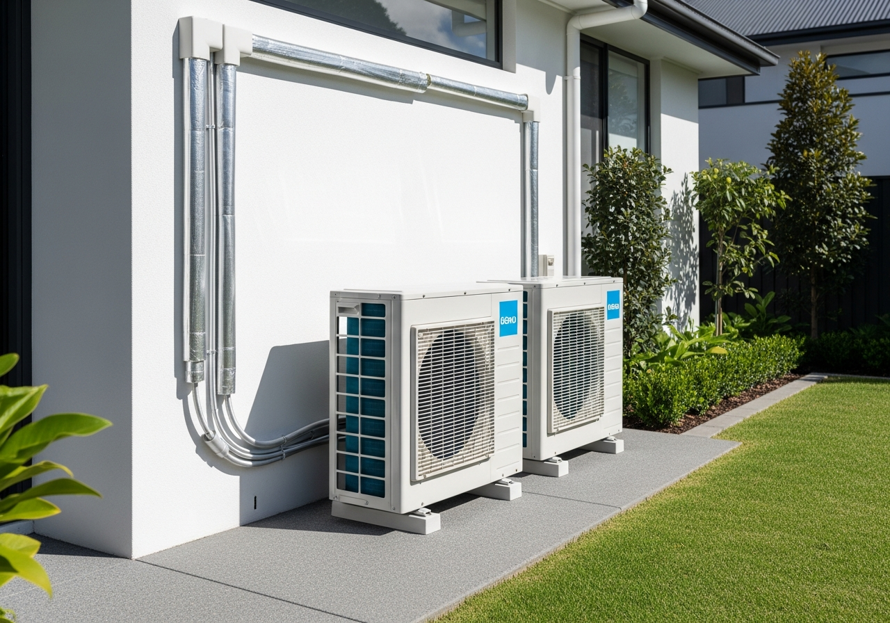 Professional outdoor air conditioning condenser units installed beside modern Sydney home